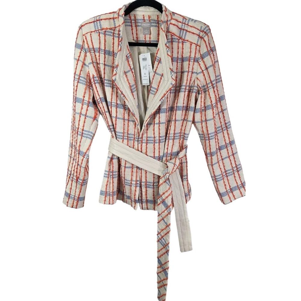 Chinos‎ Women's Striped Tweed Belted Jacket Blazer Size 4 US